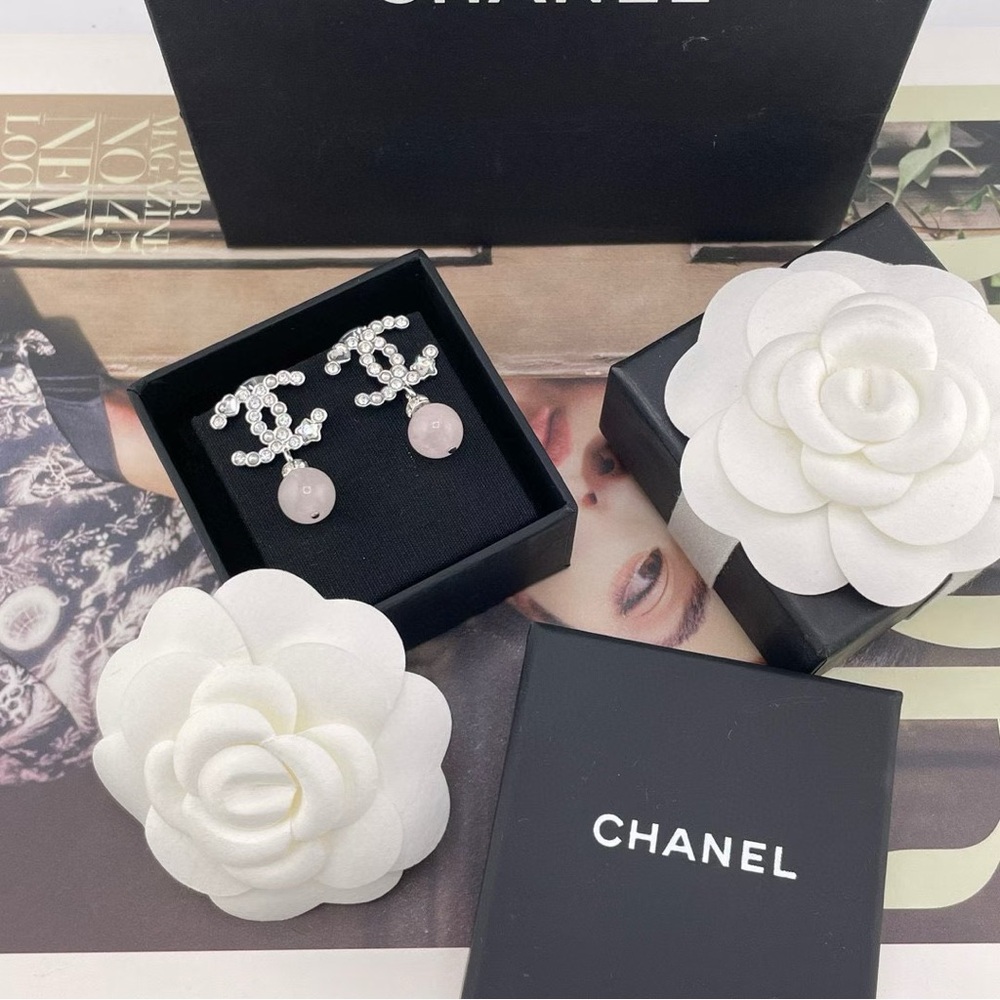 CHANEL Silver and Pink Logo Earrings